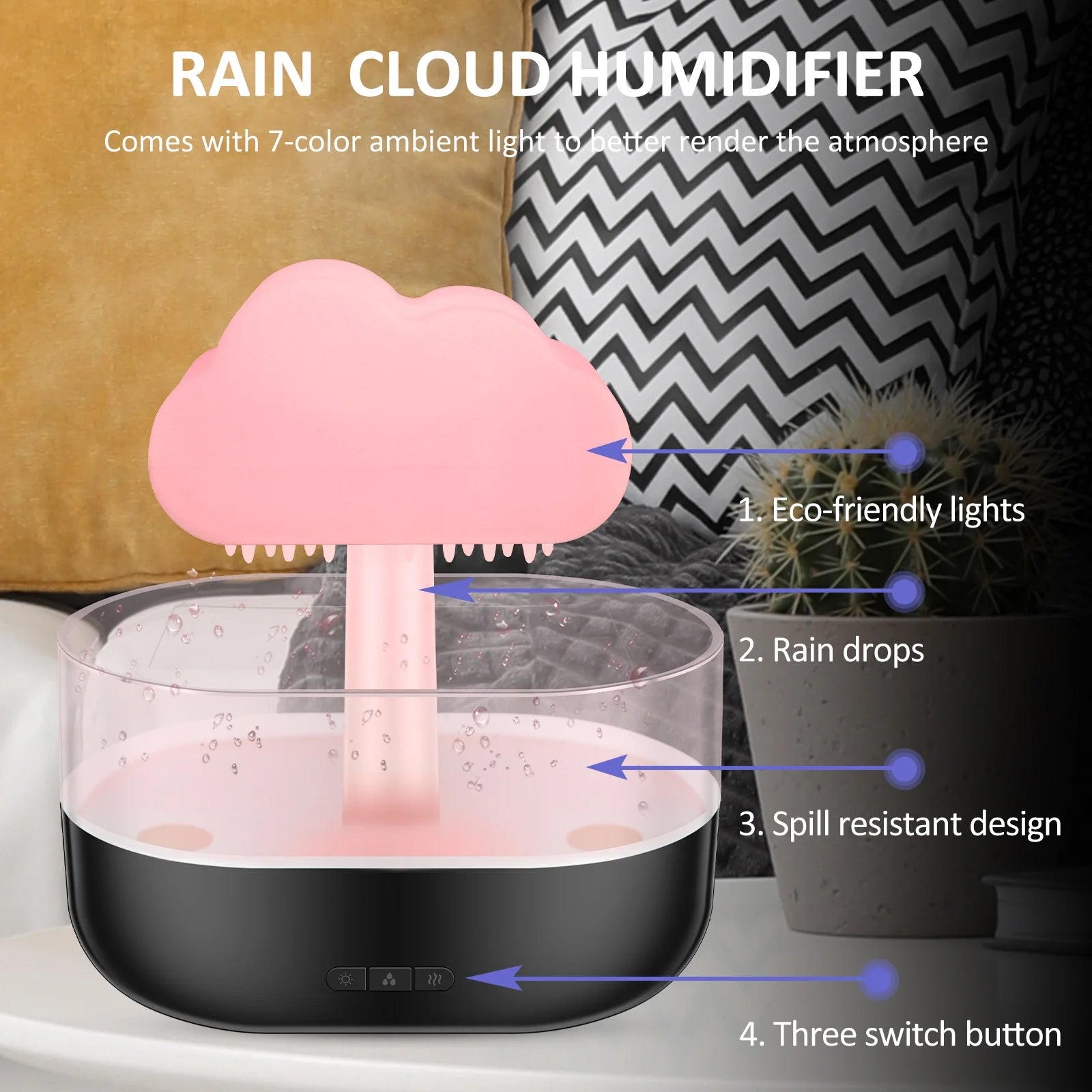 Rain Cloud Humidifier Water Drip,Mushroom Diffuser,Cloud Humidifier Rain Drop,Rain Cloud Diffuser with 7 Light Colours,Waterfall Lamp Humidifier Rain Sounds for Relax Sleeping,200Ml